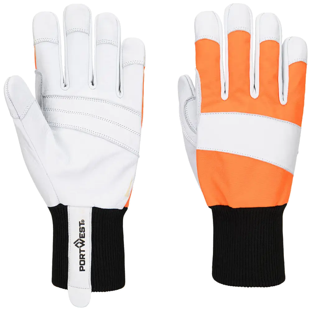 Portwest A291 Chainsaw 150 Goat Leather Glove Class 1 - Orange, front and back view