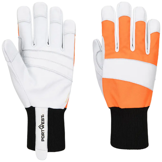 Portwest A291 Chainsaw 150 Goat Leather Glove Class 1 - Orange, front and back view