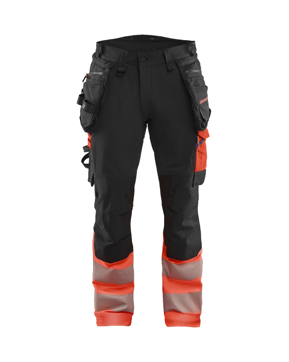 Blåkläder 1125 High Vis werkbroek 4-weg stretch met afneembare gereedschapszakken - Zwart/High Vis Rood