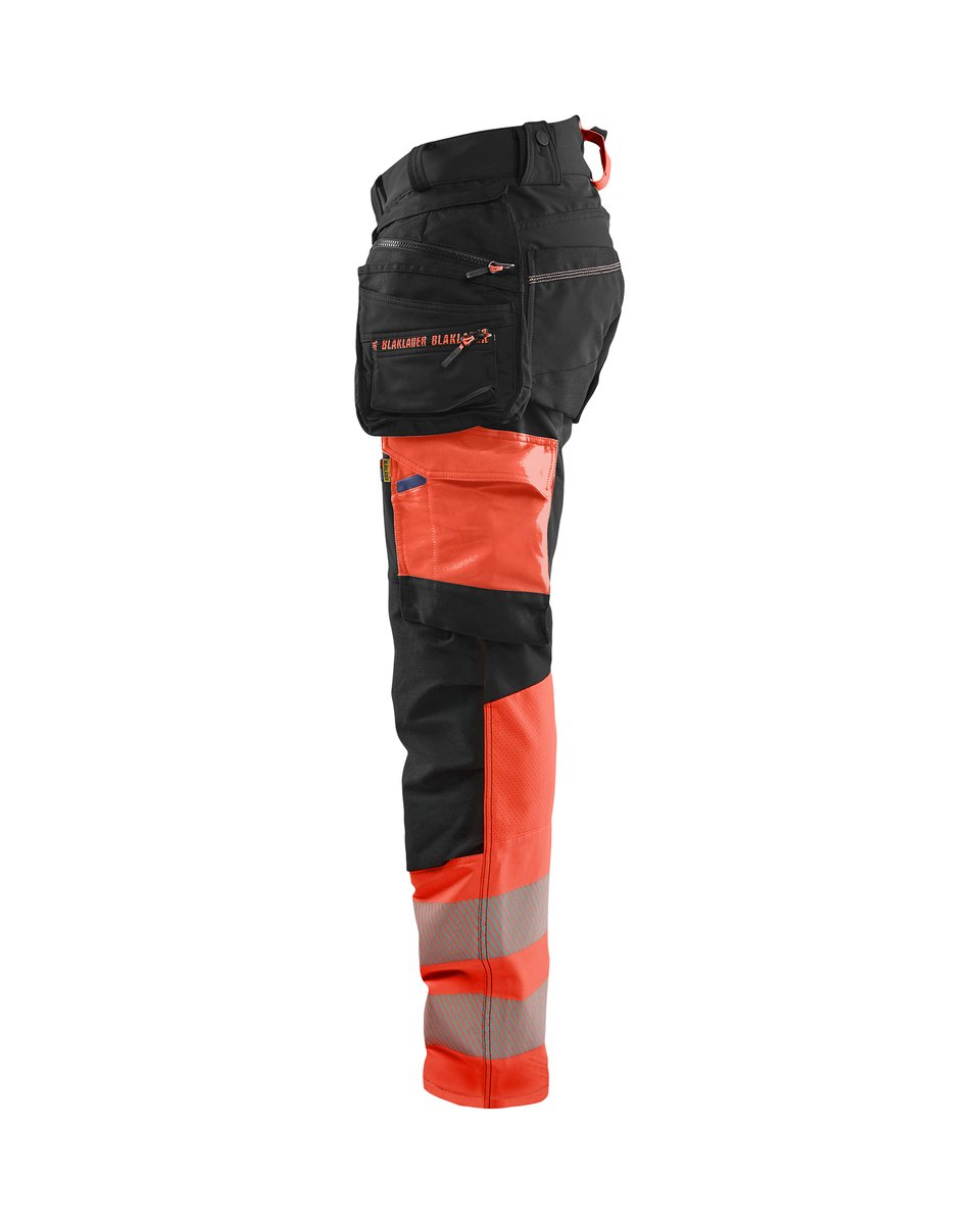 Blåkläder 1125 High Vis werkbroek 4-weg stretch met afneembare gereedschapszakken - Zwart/High Vis Rood