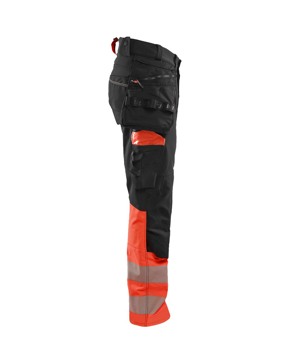 Blåkläder 1125 High Vis werkbroek 4-weg stretch met afneembare gereedschapszakken - Zwart/High Vis Rood