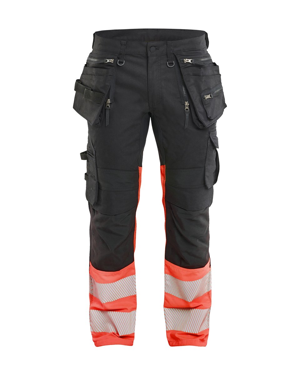 Blåkläder 1130 High Vis Werkbroek Stretch met gereedschapzakken - Zwart/High Vis Rood