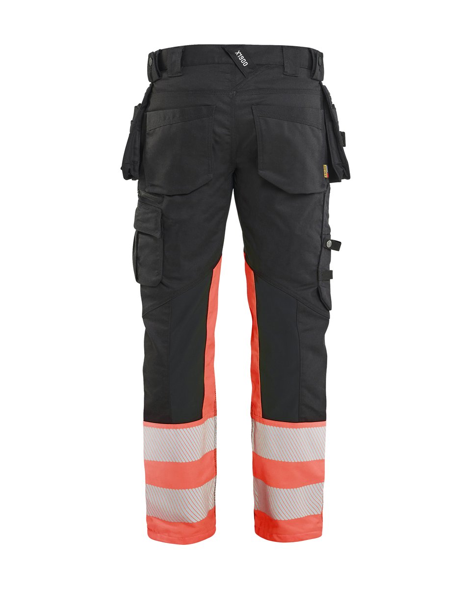 Blåkläder 1130 High Vis Werkbroek Stretch met gereedschapzakken - Zwart/High Vis Rood