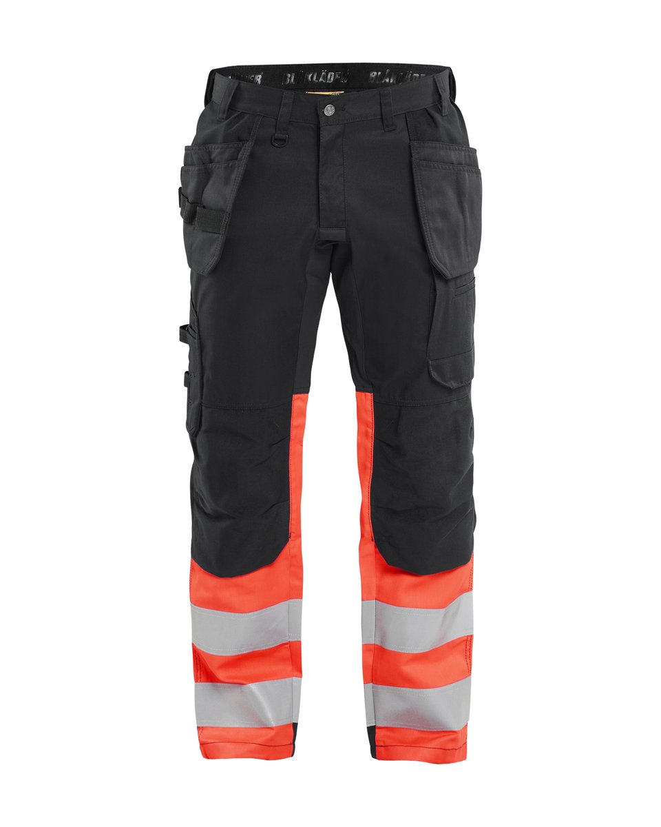 Blåkläder 1558 High Vis werkbroek met stretch en gereedschapzakken - Zwart/High Vis Rood