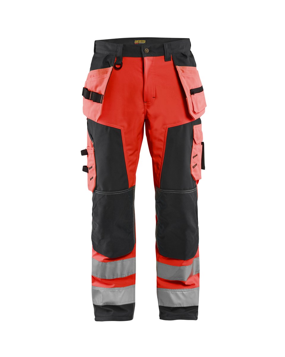 Blåkläder 1567 High Vis werkbroek softshell met afneembare gereedschapszakken - High Vis Rood/Zwart