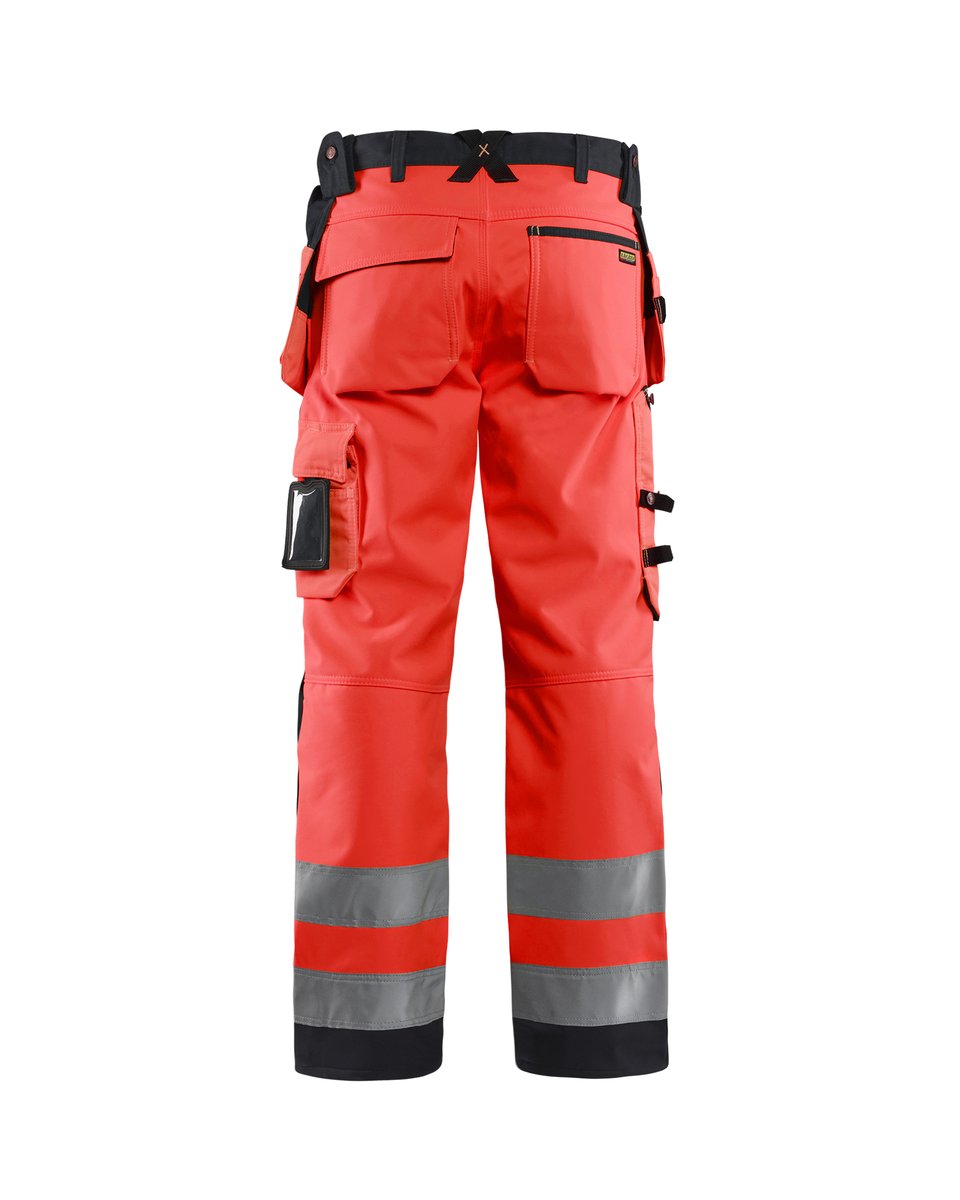 Blåkläder 1567 High Vis werkbroek softshell met afneembare gereedschapszakken - High Vis Rood/Zwart