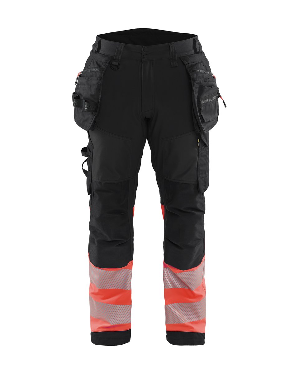 Blåkläder 1821 High Vis werkbroek softshell met afneembare gereedschapszakken - Zwart/High Vis Rood