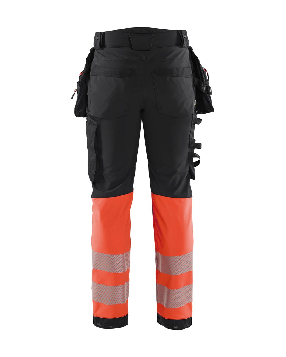 Blåkläder 1821 High Vis werkbroek softshell met afneembare gereedschapszakken - Zwart/High Vis Rood