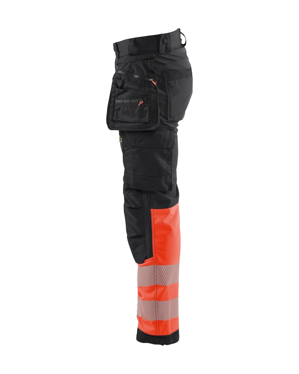 Blåkläder 1821 High Vis werkbroek softshell met afneembare gereedschapszakken - Zwart/High Vis Rood