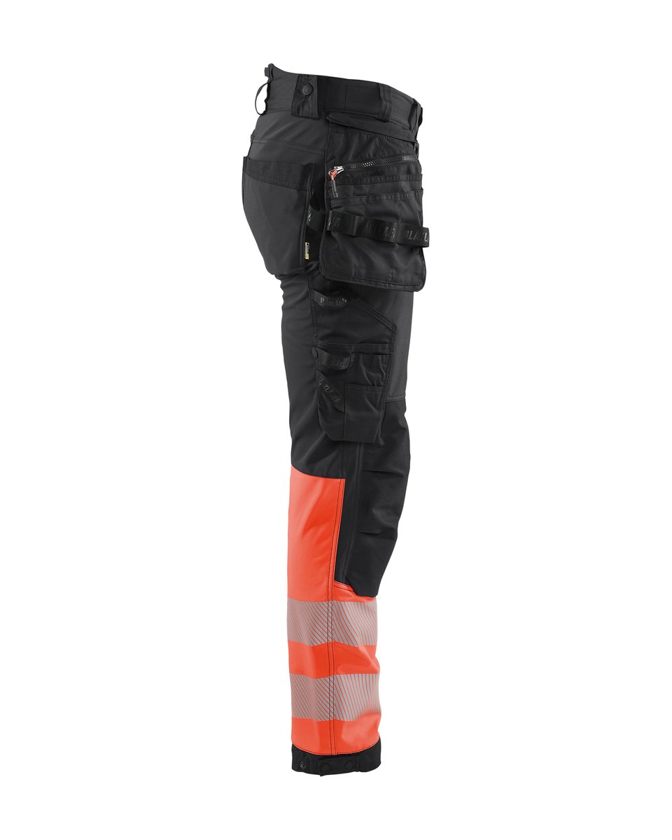 Blåkläder 1821 High Vis werkbroek softshell met afneembare gereedschapszakken - Zwart/High Vis Rood