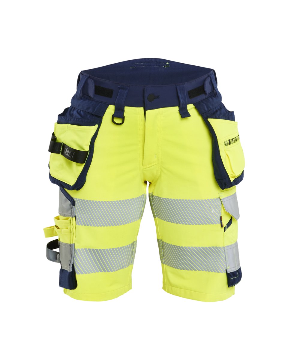 Blåkläder 7020 Dames High Vis short 4-weg stretch met afneembare gereedschapzakken - High Vis Geel/Marineblauw