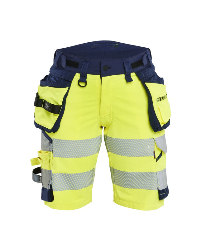Blåkläder 7020 Dames High Vis short 4-weg stretch met afneembare gereedschapzakken - High Vis Geel/Marineblauw