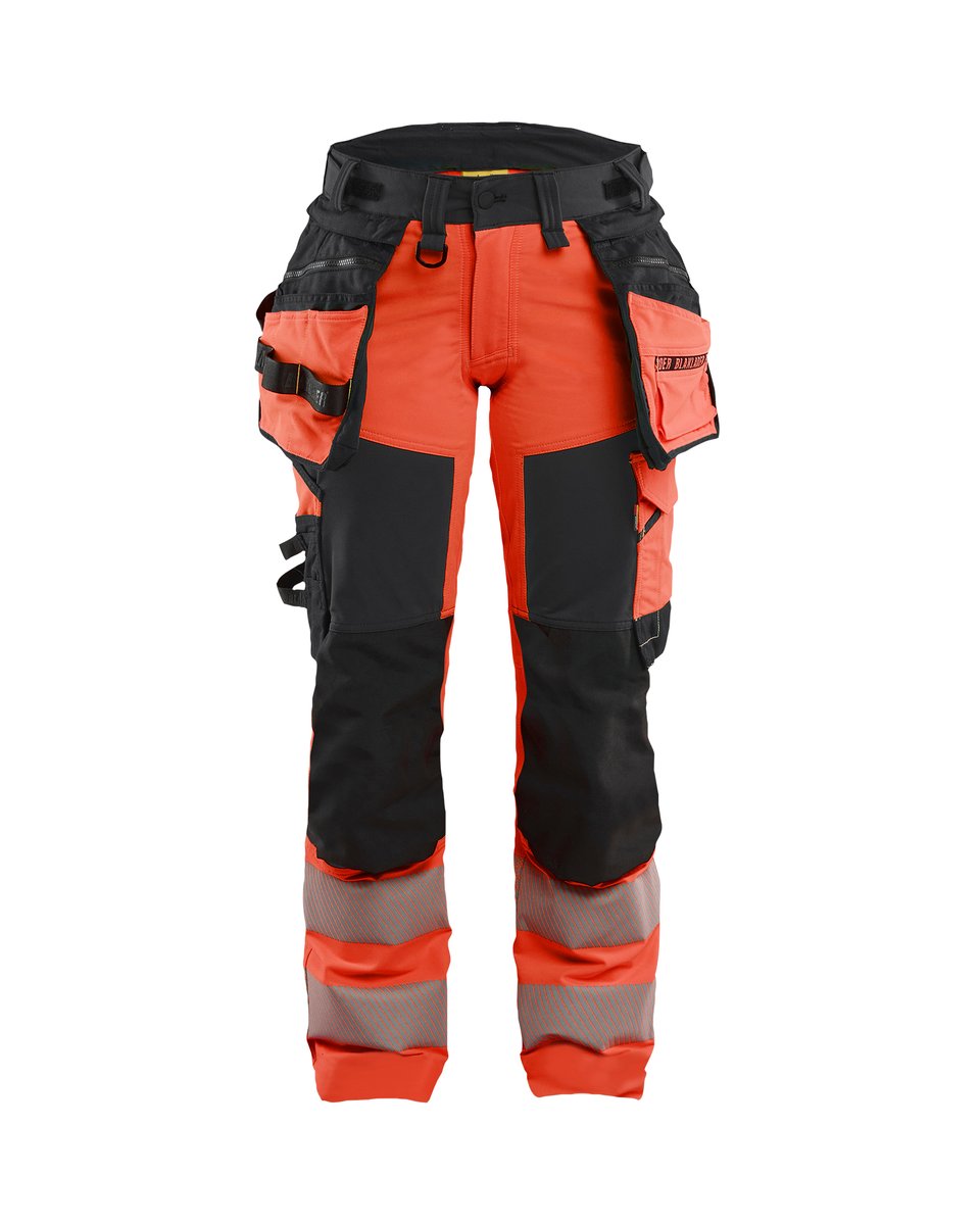 Blåkläder 7022 Dames High Vis werkbroek 4-weg stretch met afneembare gereedschapszakken - High Vis Rood/Zwart
