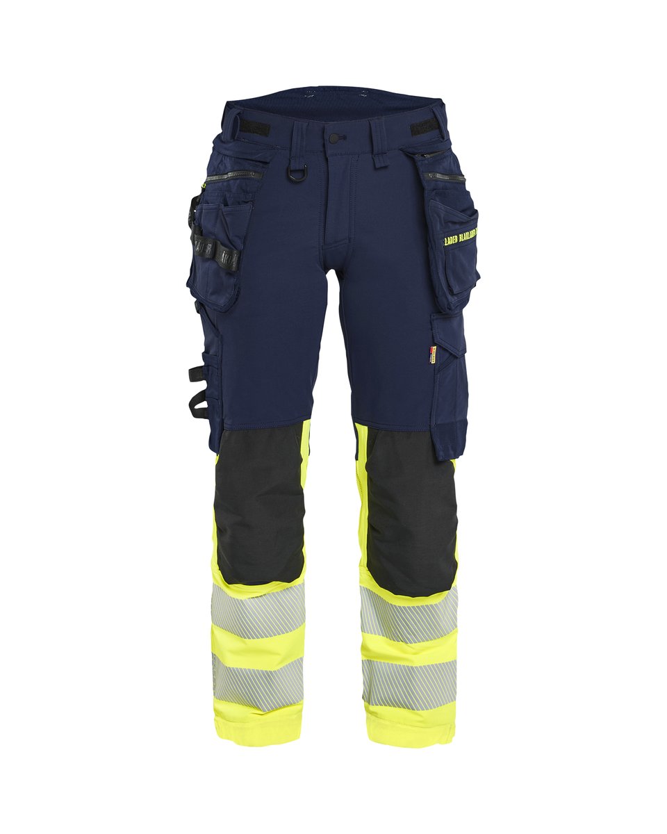 Blåkläder 7025 Dames High Vis werkbroek 4-weg stretch met afneembare gereedschapszakken - Marine/High Vis Geel