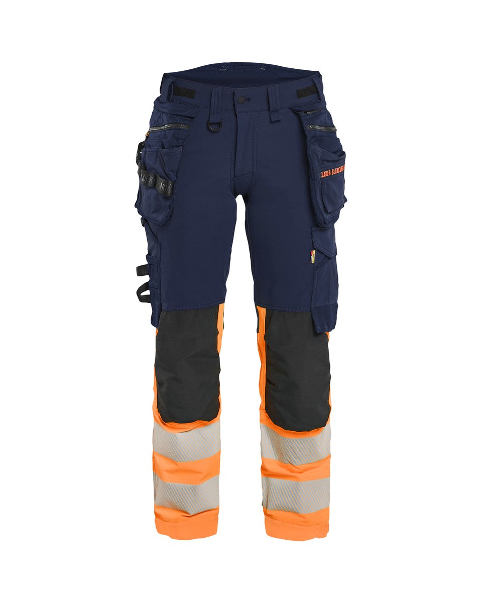Blåkläder 7025 Dames High Vis werkbroek 4-weg stretch met afneembare gereedschapszakken - Marineblauw/Oranje