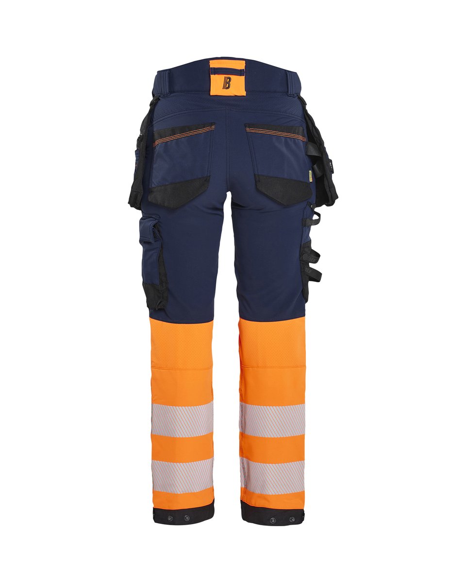 Blåkläder 7025 Dames High Vis werkbroek 4-weg stretch met afneembare gereedschapszakken - Marineblauw/Oranje