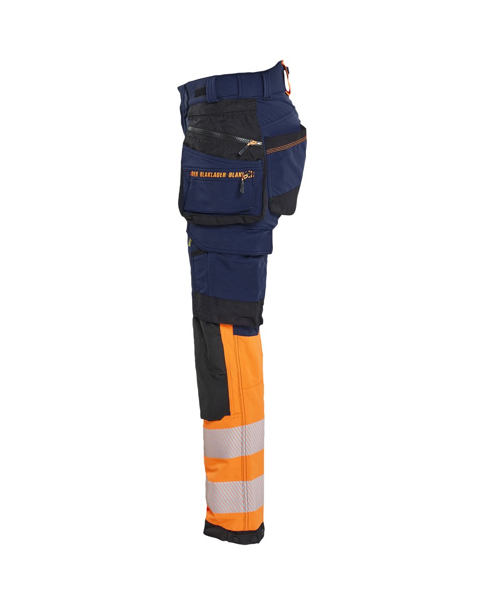 Blåkläder 7025 Dames High Vis werkbroek 4-weg stretch met afneembare gereedschapszakken - Marineblauw/Oranje