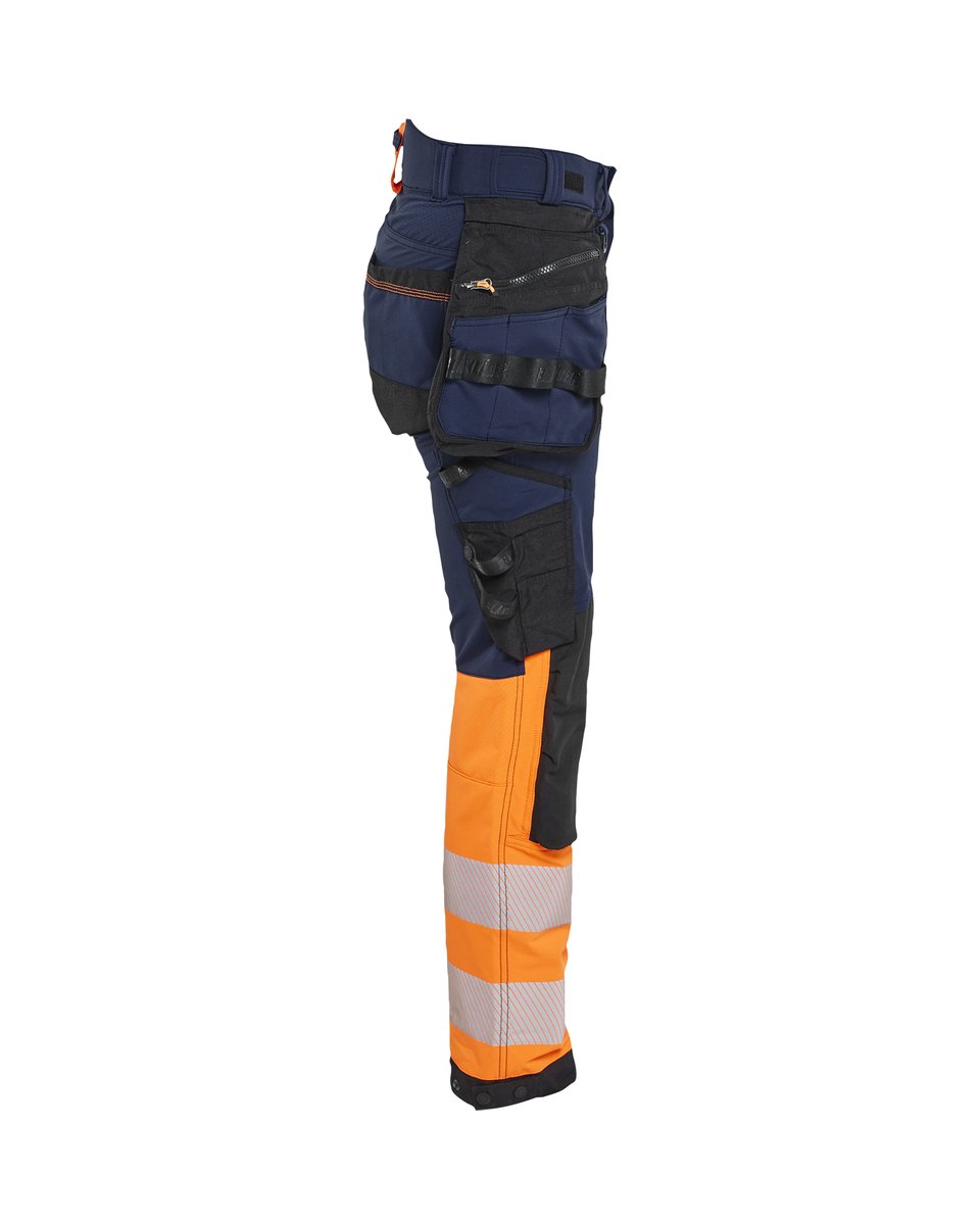Blåkläder 7025 Dames High Vis werkbroek 4-weg stretch met afneembare gereedschapszakken - Marineblauw/Oranje