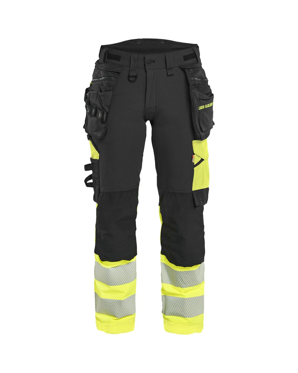 Blåkläder 7025 Dames High Vis werkbroek 4-weg stretch met afneembare gereedschapszakken - Zwart/High Vis Geel