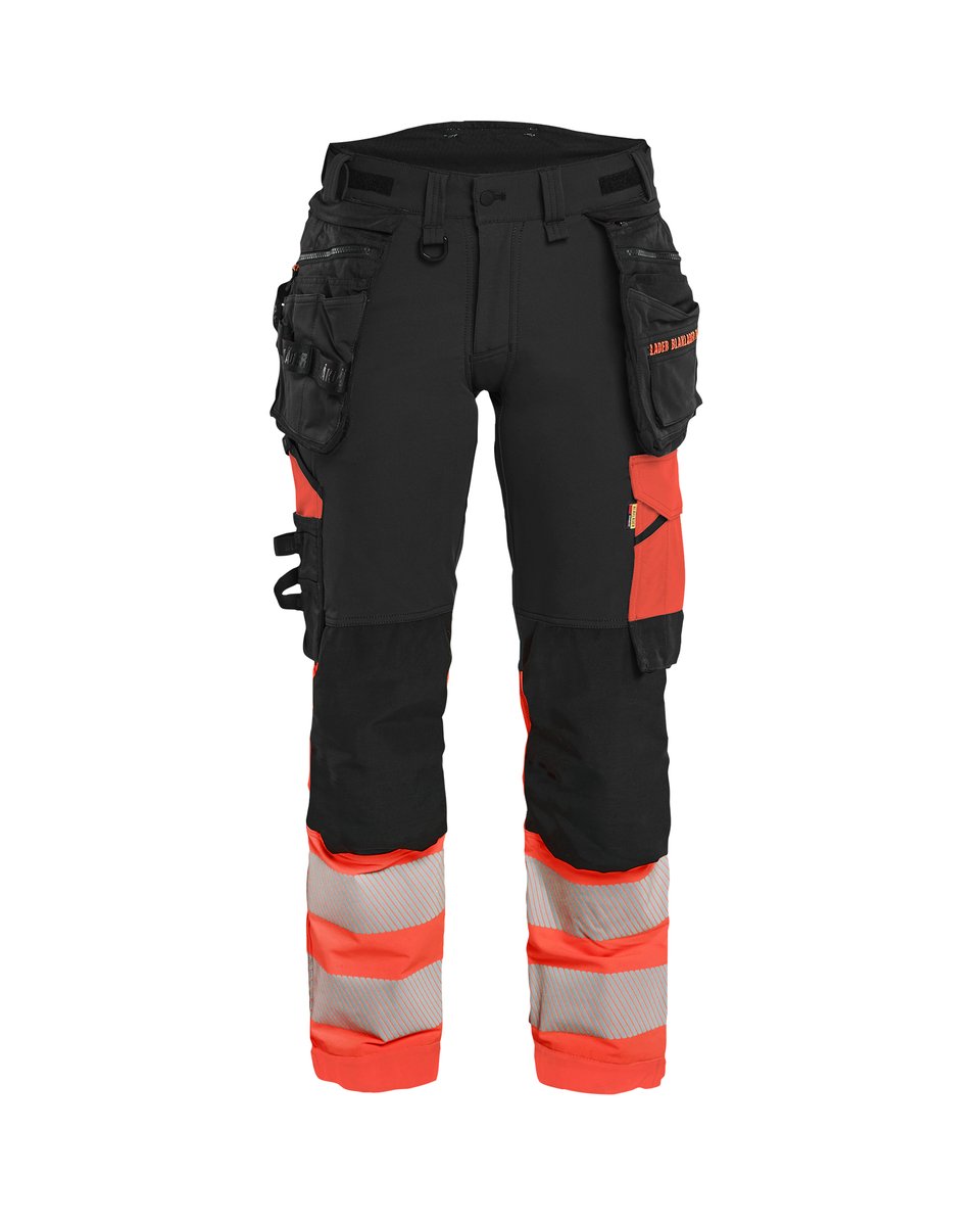 Blåkläder 7025 Dames High Vis werkbroek 4-weg stretch met afneembare gereedschapszakken - Zwart/High Vis Rood