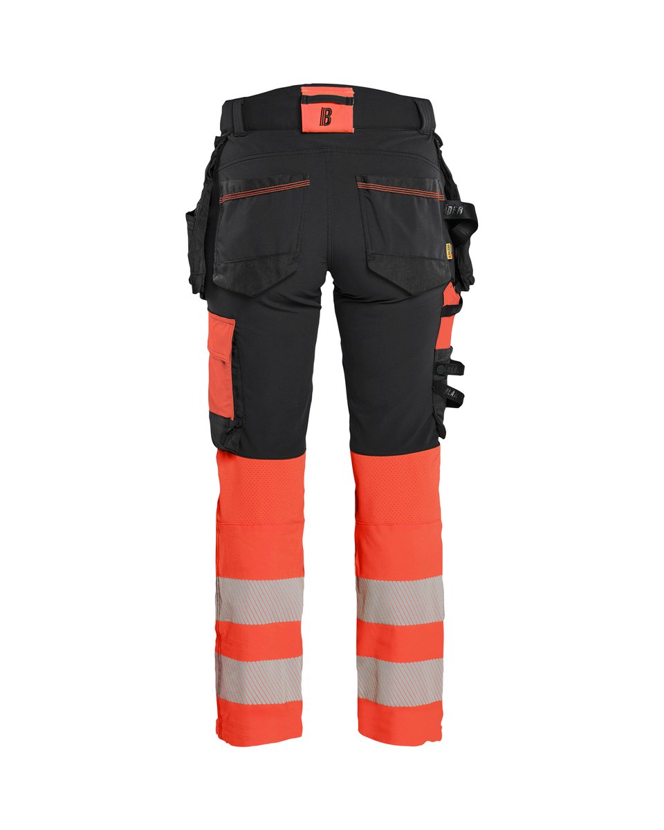 Blåkläder 7025 Dames High Vis werkbroek 4-weg stretch met afneembare gereedschapszakken - Zwart/High Vis Rood