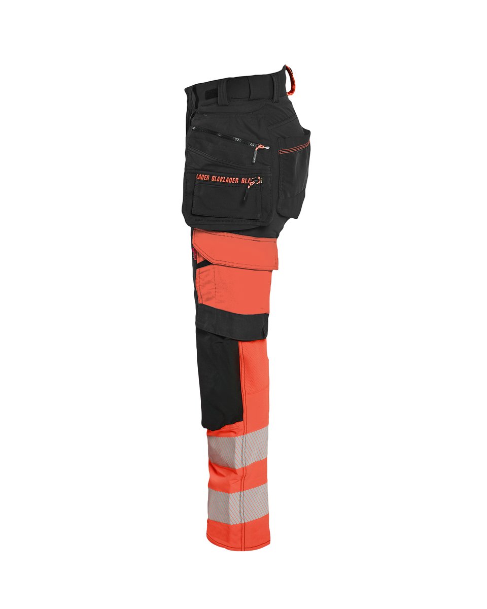 Blåkläder 7025 Dames High Vis werkbroek 4-weg stretch met afneembare gereedschapszakken - Zwart/High Vis Rood