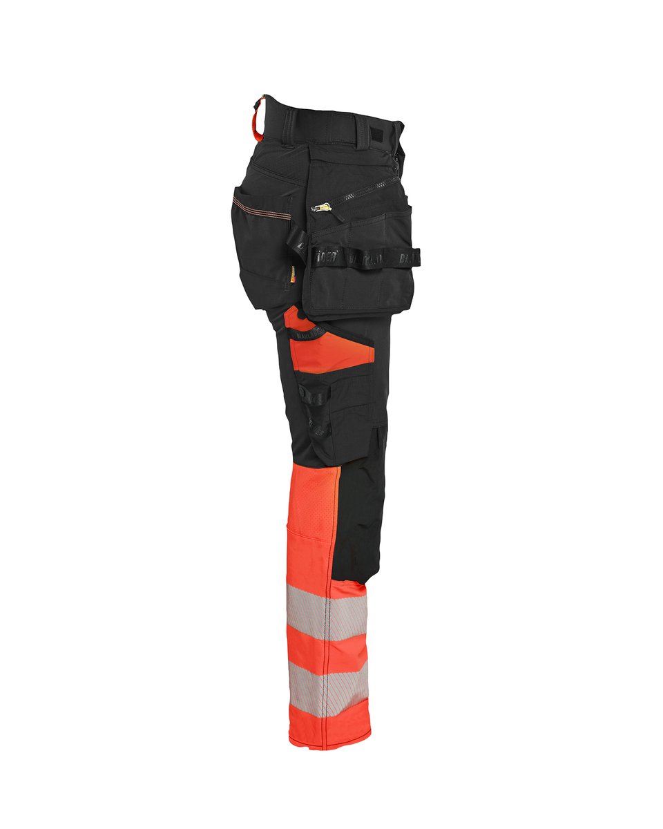 Blåkläder 7025 Dames High Vis werkbroek 4-weg stretch met afneembare gereedschapszakken - Zwart/High Vis Rood