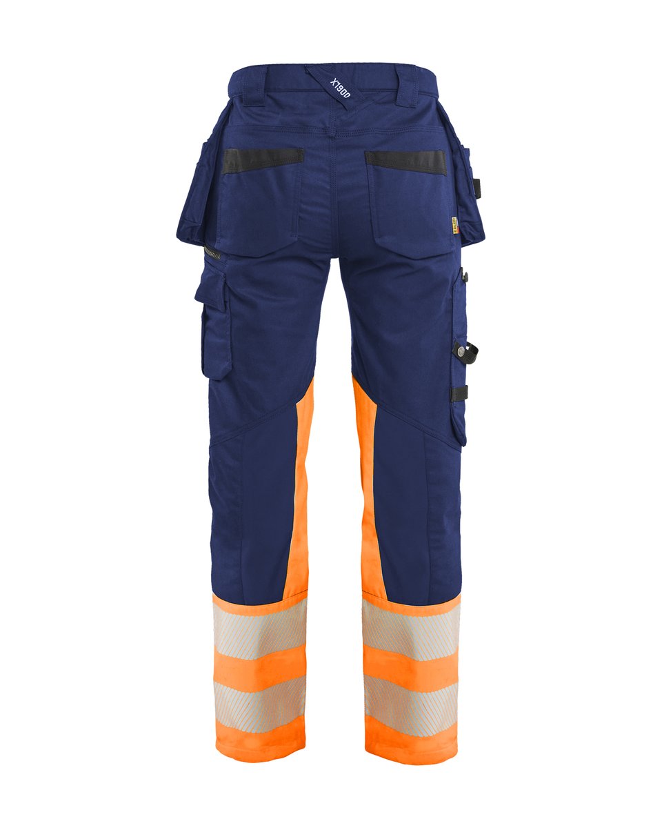 Blåkläder 7030 Dames High Vis Werkbroek Stretch met gereedschapszakken - Marineblauw/Oranje