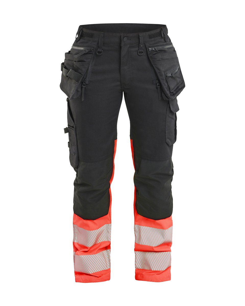 Blåkläder 7030 Dames High Vis Werkbroek Stretch met gereedschapszakken - Zwart/High Vis Rood