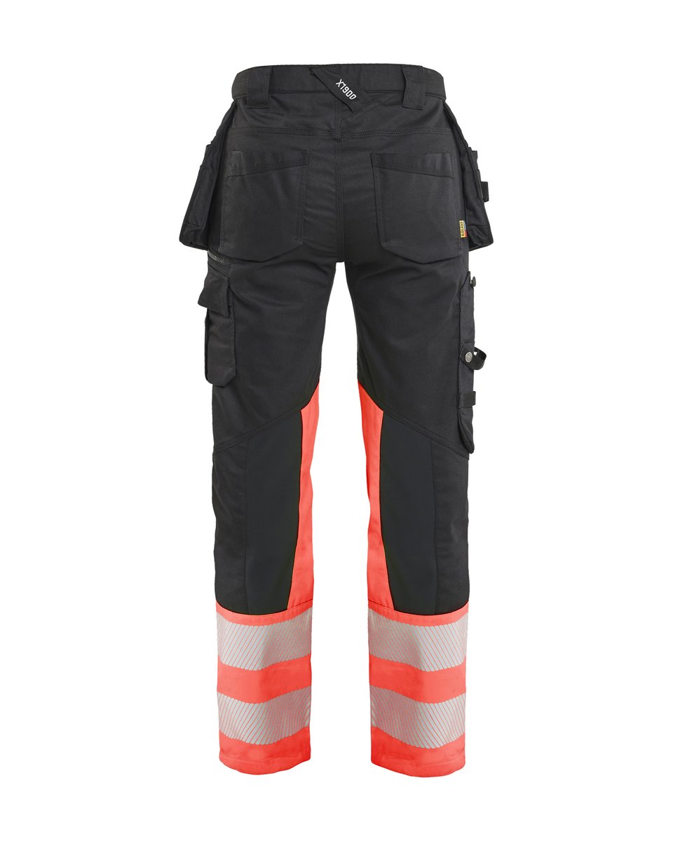 Blåkläder 7030 Dames High Vis Werkbroek Stretch met gereedschapszakken - Zwart/High Vis Rood