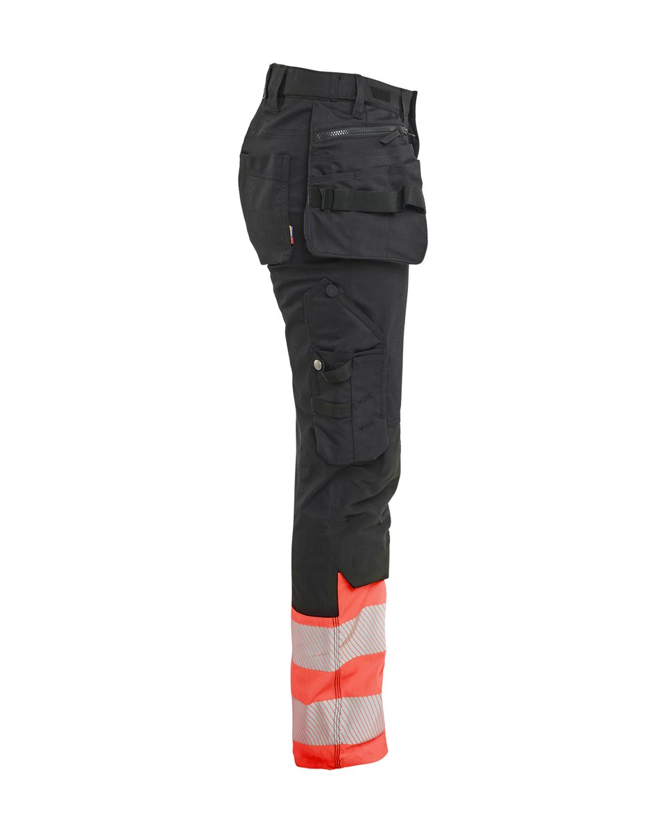 Blåkläder 7030 Dames High Vis Werkbroek Stretch met gereedschapszakken - Zwart/High Vis Rood