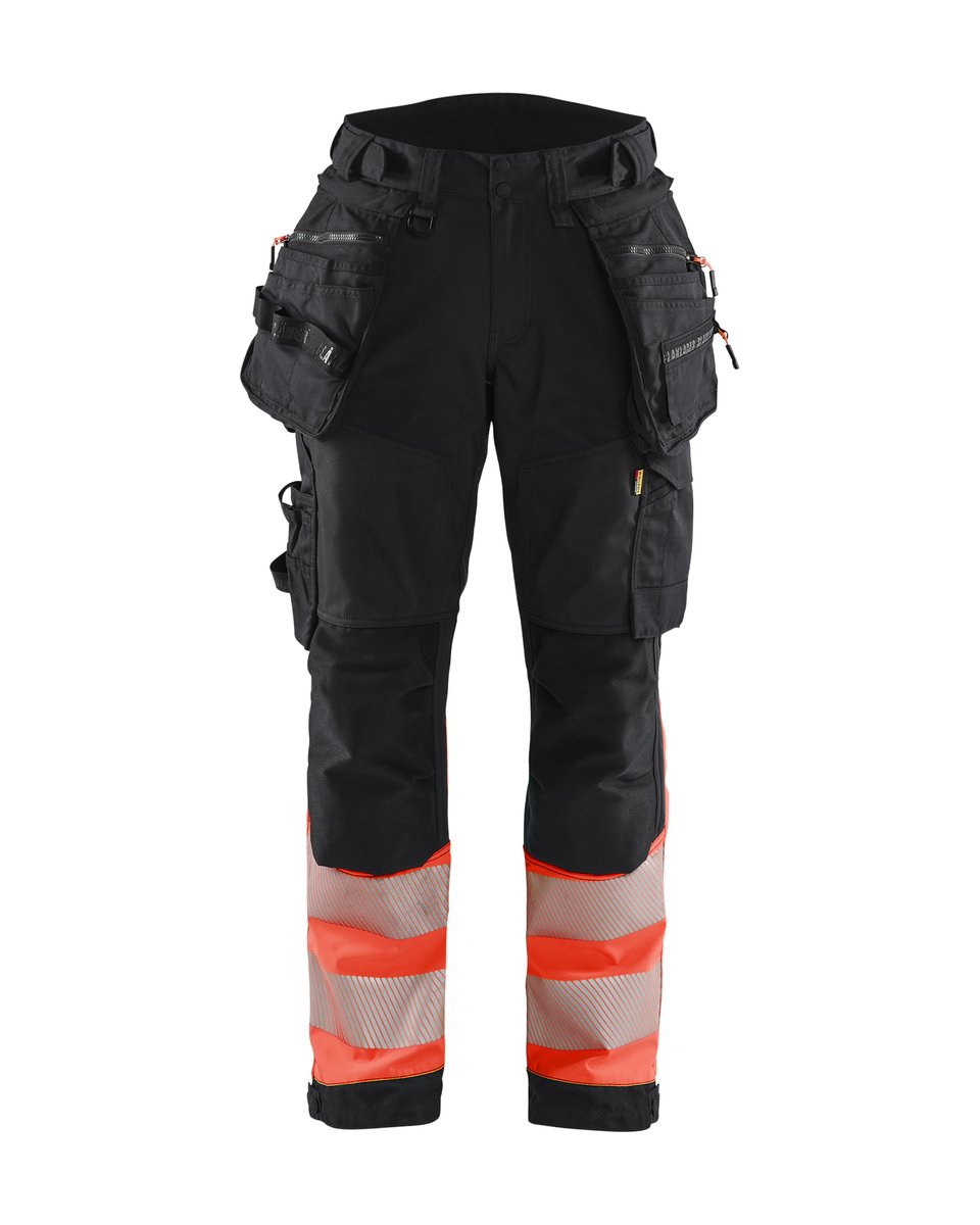 Blåkläder 7114 Dames High Vis Werkbroek Softshell met afneembare gereedschapszakken - Zwart/High Vis Rood