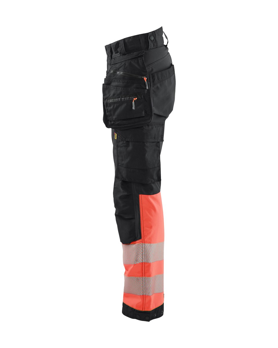 Blåkläder 7114 Dames High Vis Werkbroek Softshell met afneembare gereedschapszakken - Zwart/High Vis Rood