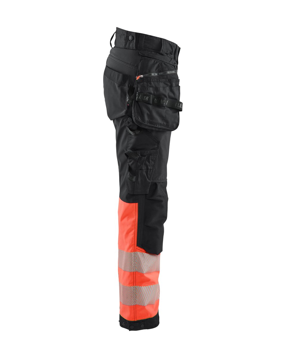 Blåkläder 7114 Dames High Vis Werkbroek Softshell met afneembare gereedschapszakken - Zwart/High Vis Rood