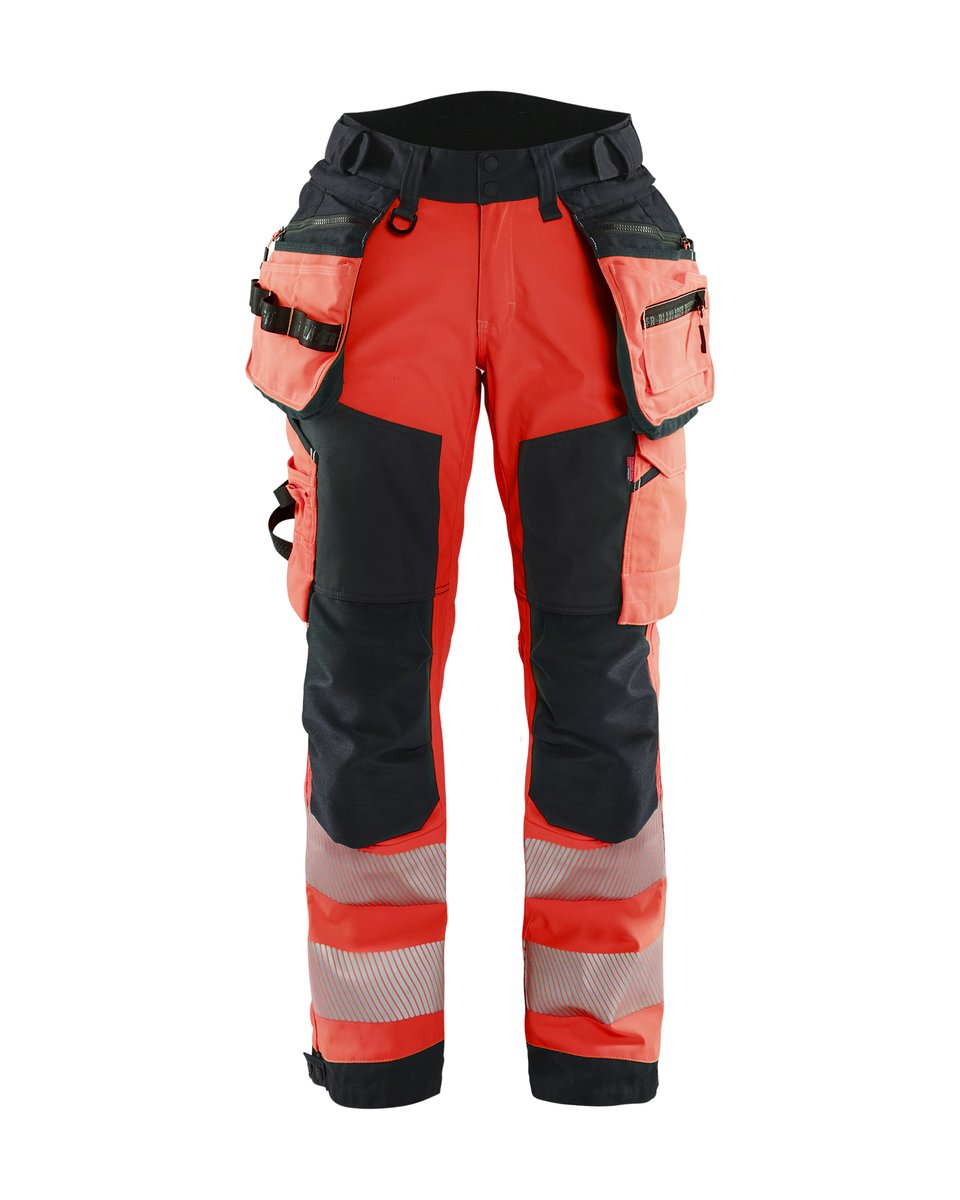 Blåkläder 7118 Dames High Vis werkbroek softshell met afneembare gereedschapszakken - High Vis Rood/Zwart