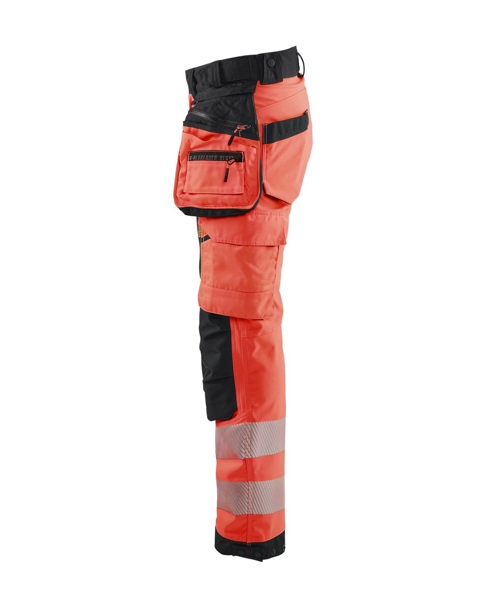 Blåkläder 7118 Dames High Vis werkbroek softshell met afneembare gereedschapszakken - High Vis Rood/Zwart
