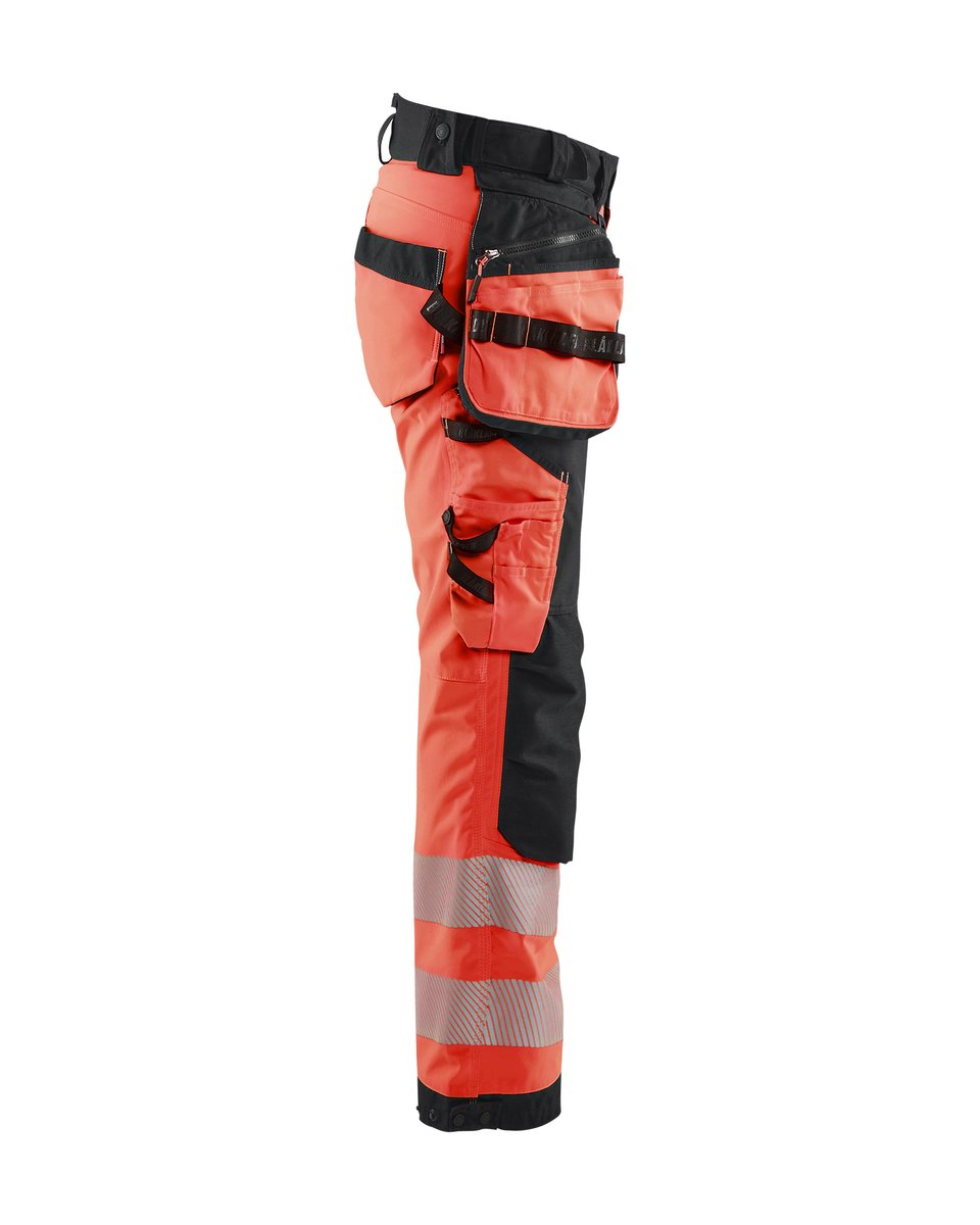 Blåkläder 7118 Dames High Vis werkbroek softshell met afneembare gereedschapszakken - High Vis Rood/Zwart