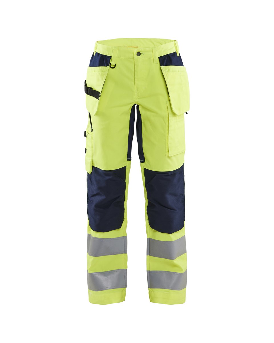 Blåkläder 7163 Dames High Vis Werkbroek met stretch en gereedschapszakken - High Vis Geel/Marineblauw