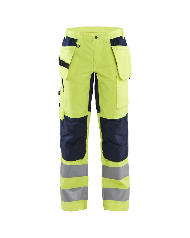 Blåkläder 7163 Dames High Vis Werkbroek met stretch en gereedschapszakken - High Vis Geel/Marineblauw