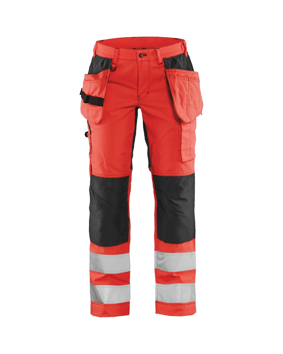 Blåkläder 7163 Dames High Vis Werkbroek met stretch en gereedschapszakken - High Vis Rood/Zwart