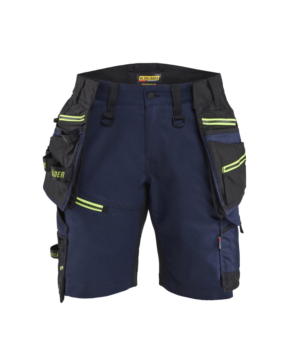 Blåkläder 7175 Dames short met stretch en afneembare gereedschapszakken - Donker marineblauw/High Vis Geel