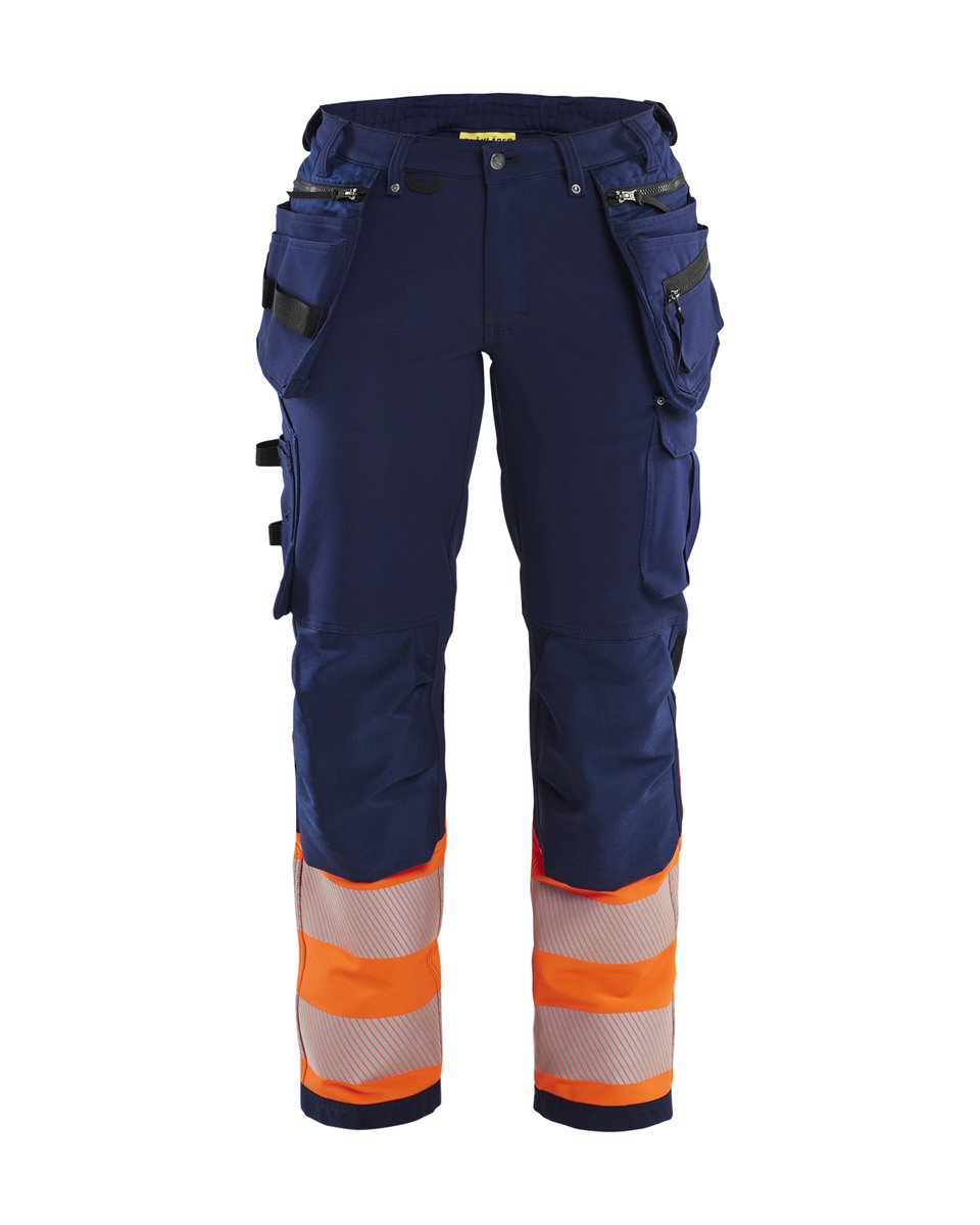 Blåkläder 7193 Dames High Vis werkbroek 4-weg stretch met gereedschapszakken - Marineblauw/Oranje