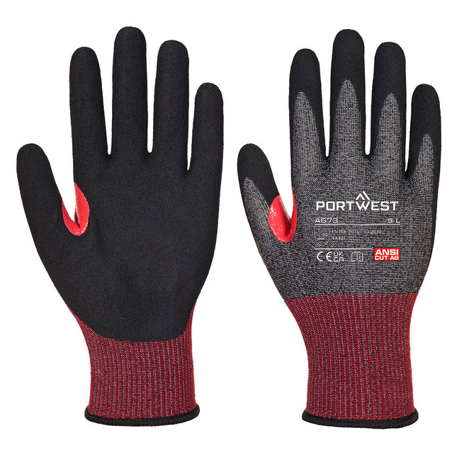 Portwest A673 CS Cut F18 nitril snijbestendige handschoen, zwart met rode boord