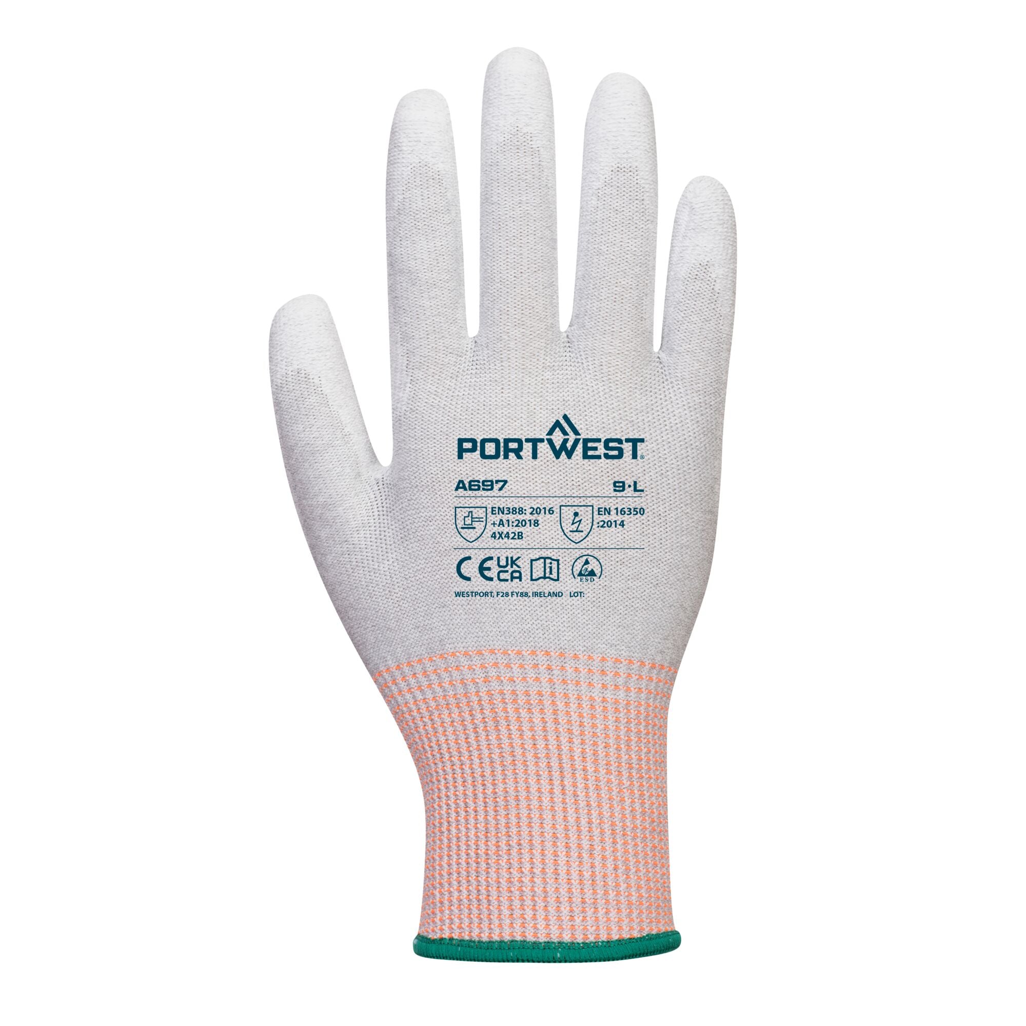 LR13 ESD PU Palm Handschoen (12 pr) - Grijs/Wit - achterkant