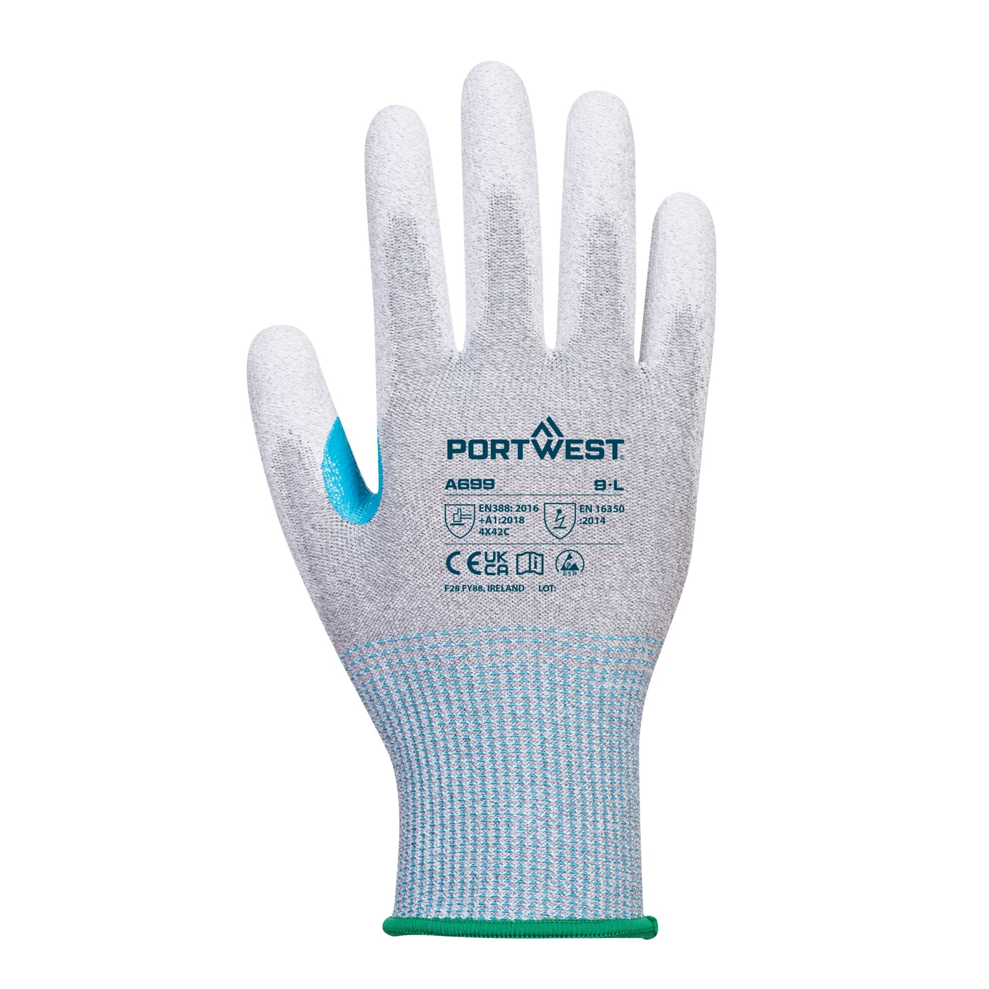 LR13 ESD PU Palm Handschoen - 12 pr. - Grijs/Wit - achterkant