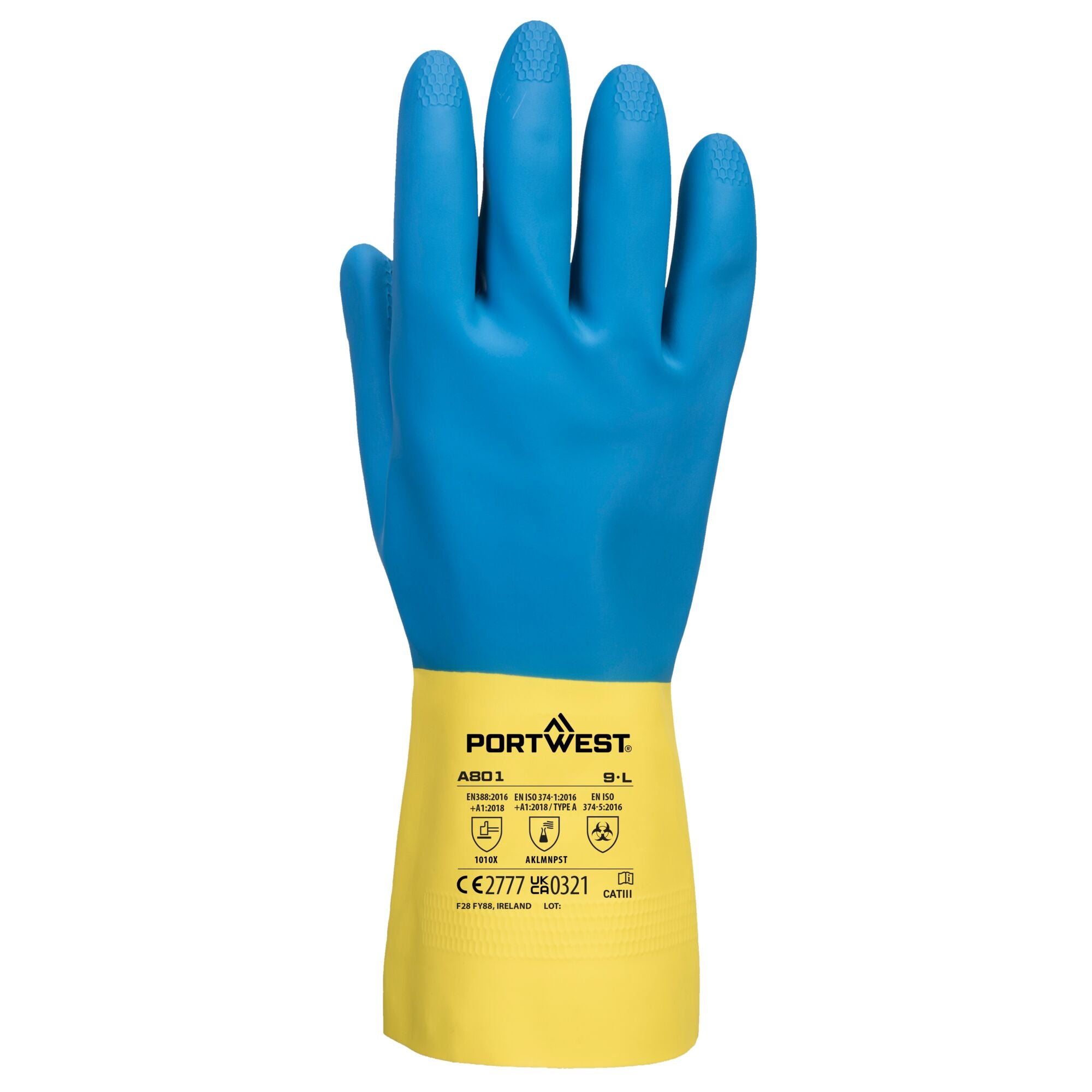 Dubbel gecoate latex handschoen - Geel/Blauw - achterkant