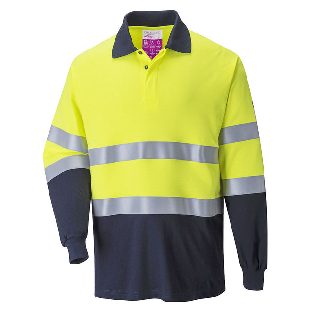 Modaflame Knit Hi-Vis Constrast FR Long Sleeve Polo Shirt - Yellow/Navy