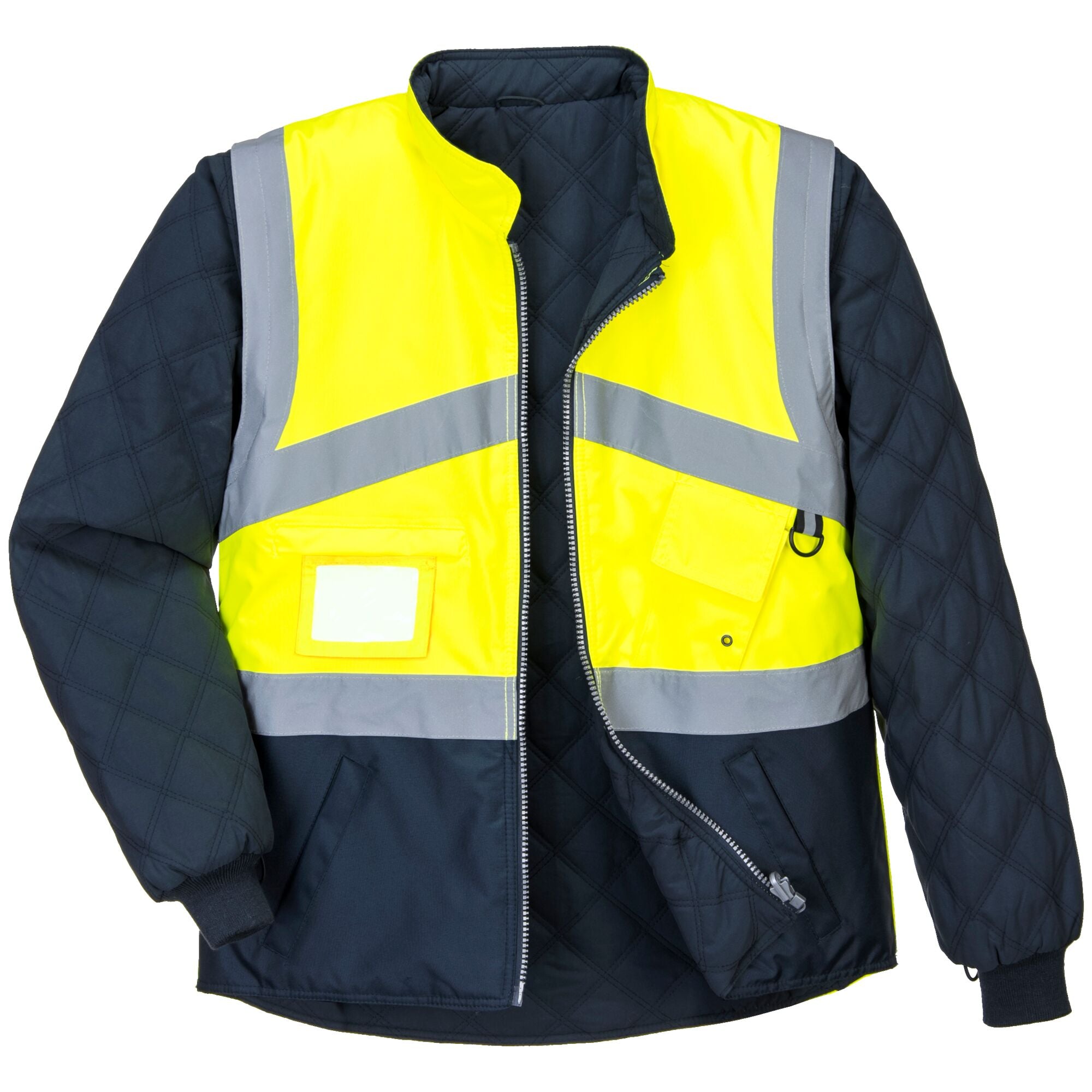 Hi-Vis ademend 2-in-1 contrast omkeerbaar jack - Geel/Marine - opname 2