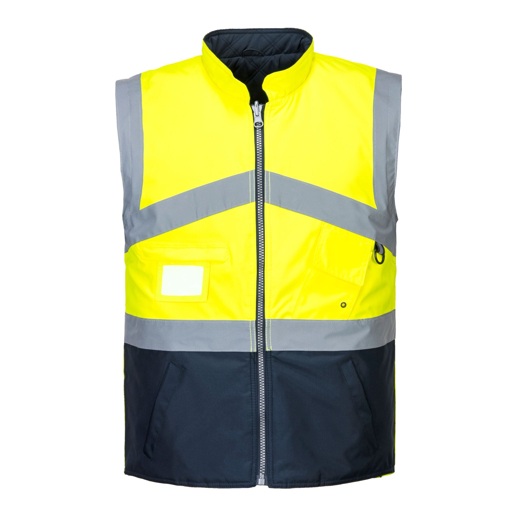Hi-Vis ademend 2-in-1 contrast omkeerbaar jack - Geel/Marine - opname 3