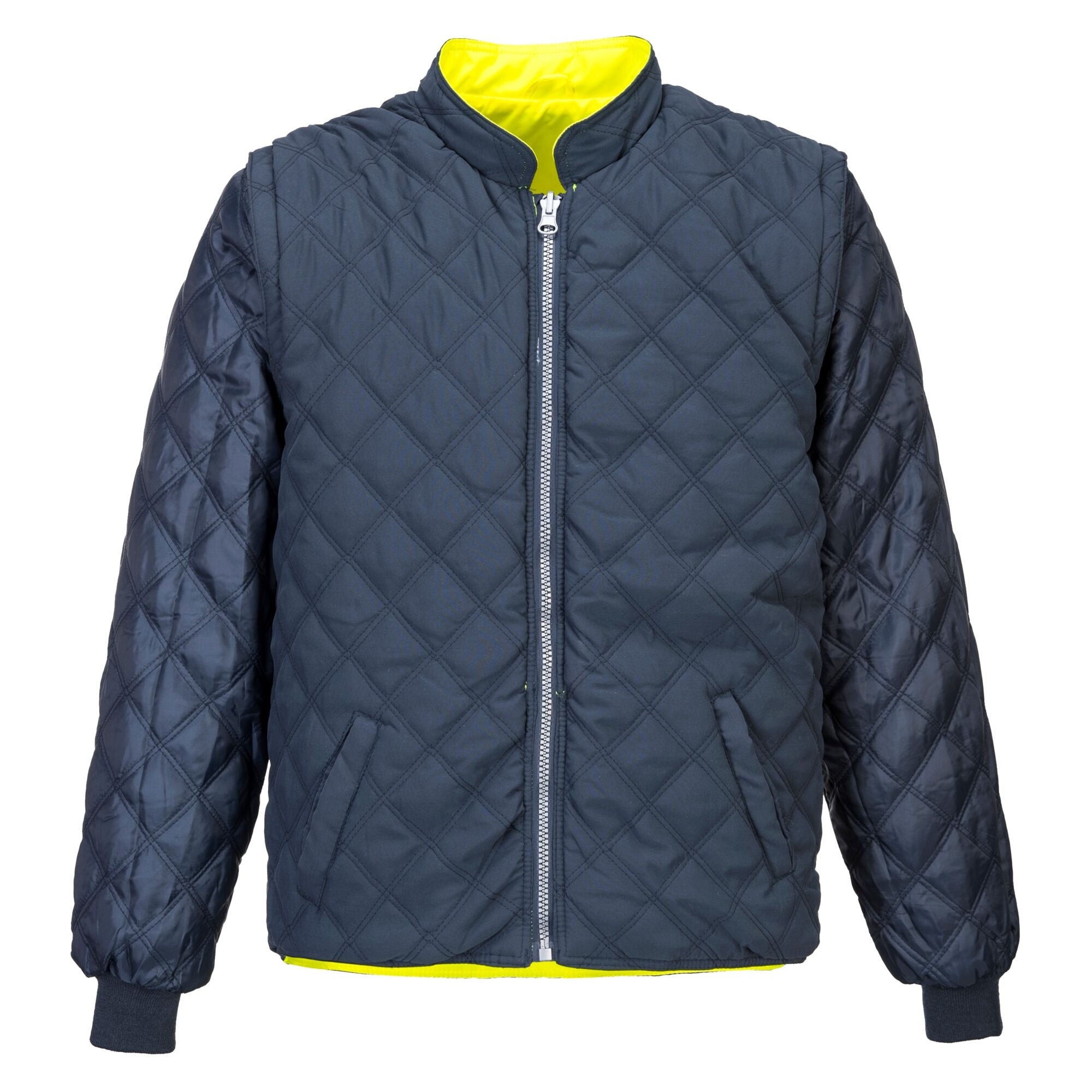 Hi-Vis ademend 2-in-1 contrast omkeerbaar jack - Geel/Marine - opname 5